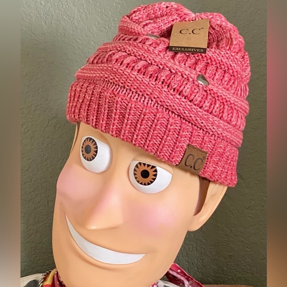 New Adult Size CC Winter Heathered Red Cable Knit Cozy Hat Cap Beanie w/ Hearts